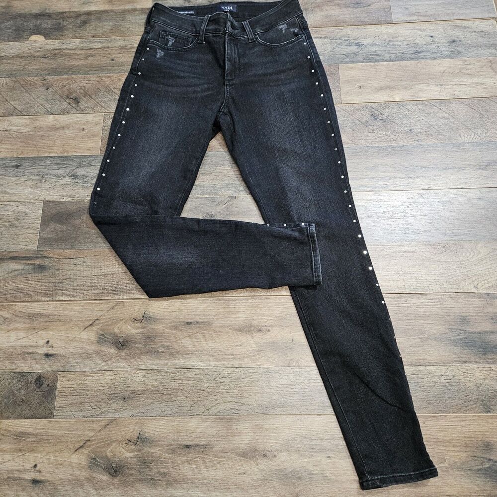 NYDJ Jeans Womens 4 AMI Black Skinny Leggings Mid Rise Embellished Dark Wash